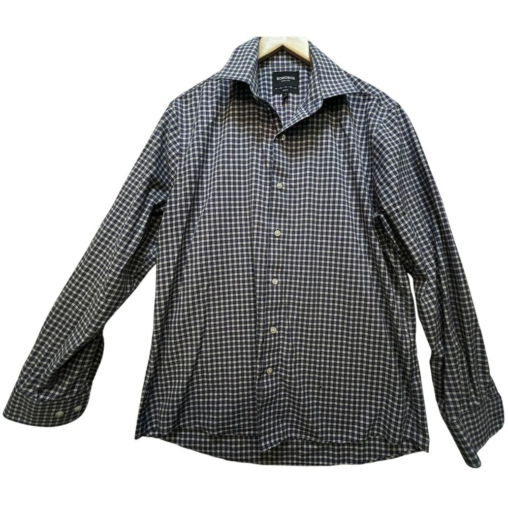 Bonobos Mens Wrinkle-Free Dress Shirt Slim Fit Long Sleeve Sz L Navy White Check